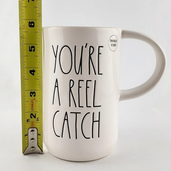 Rae Dunn Artisan Double Sided YOU'RE A REEL CATCH Fishing Tall White Green Mug - Picture 11 of 12